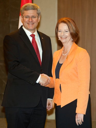 Prime Minister Harper and Prime Minister Gillard in Perth for CHOGM, October 2011